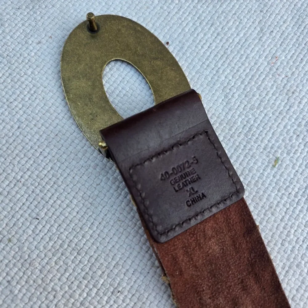 Leather belt woven with hammered brass buckle